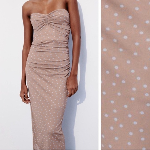 Zara Strapless Tan Polka Dot Dress - Picture 2 of 5